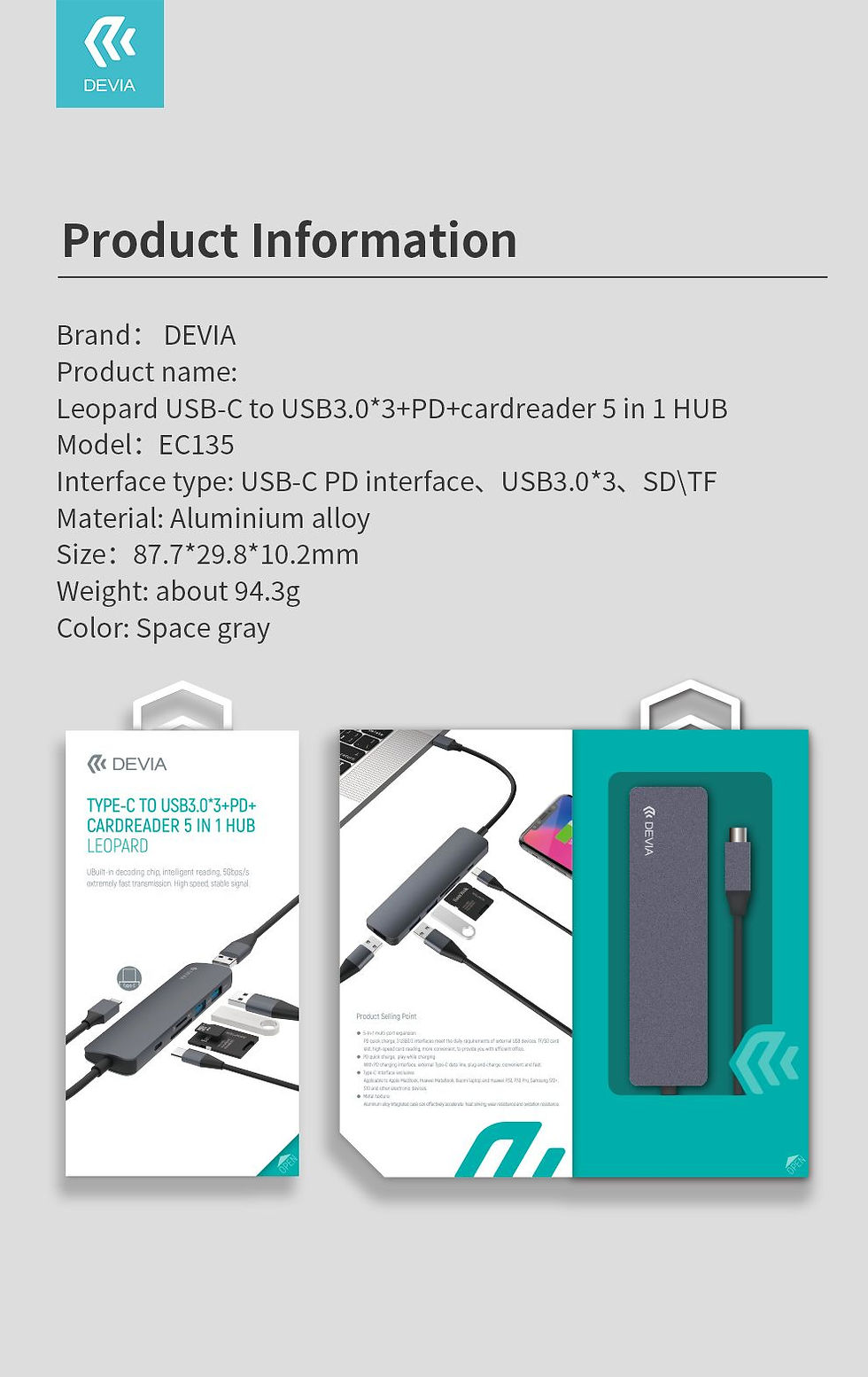 Thumbnail: Leopard Type-C To USB3.0*3+PD +Cardreader 5 In 1 HUB