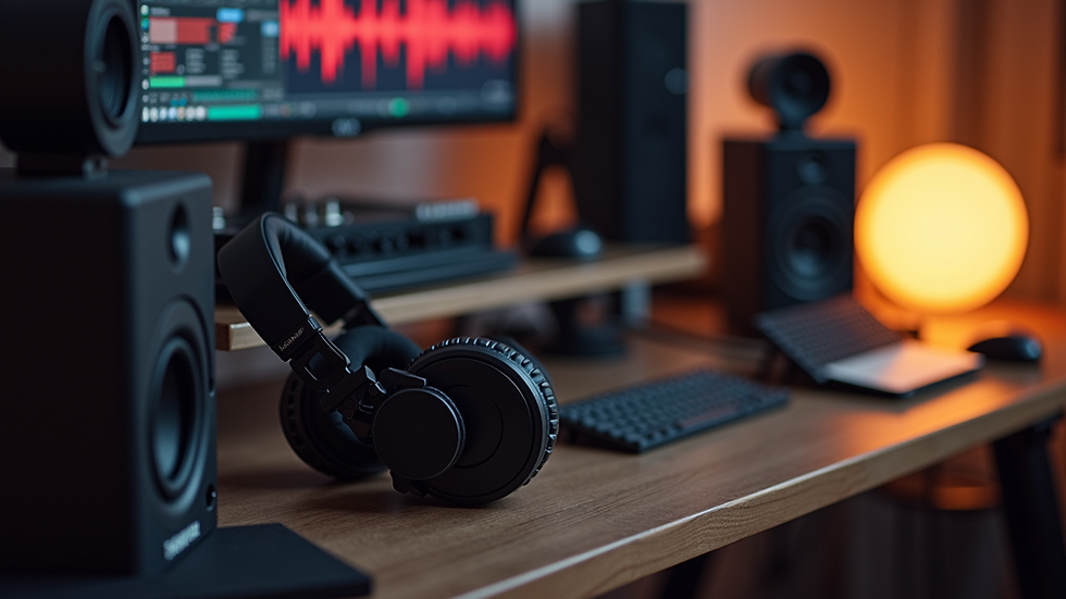 High angle view of a modern audio setup with speakers and headphones