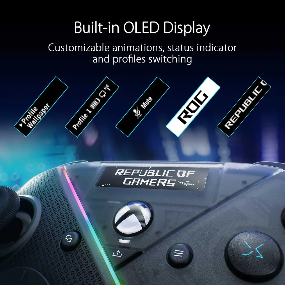 Thumbnail: “Top view of ASUS ROG Raikiri Pro controller highlighting OLED screen and button layout.”
