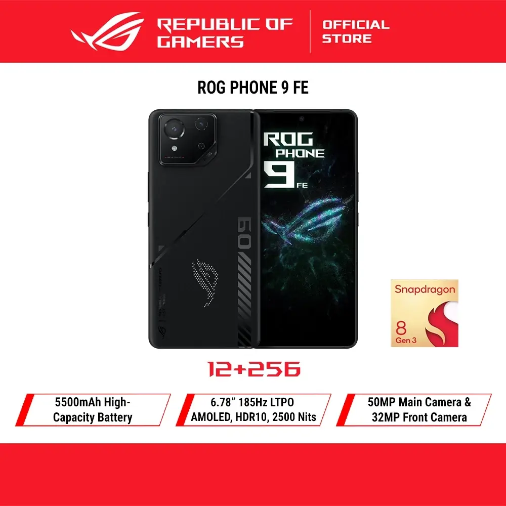 ASUS ROG Phone 9 FE Phantom Black gaming smartphone with Snapdragon 8 Gen 3 and 12GB RAM.