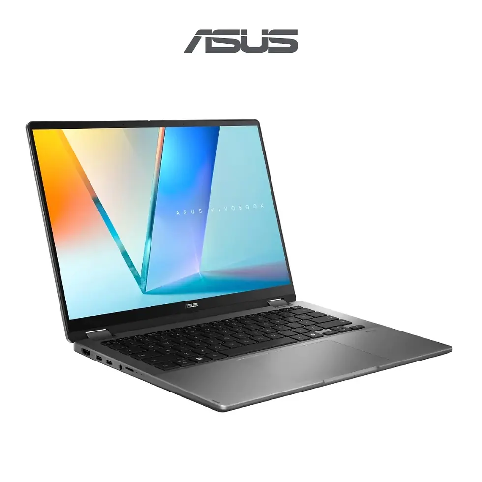 Thumbnail: Side profile of VivoBook 16 Flip displaying ultra‑thin 17 mm chassis, 360° hinge, and lightweight portability (~1.78 kg).