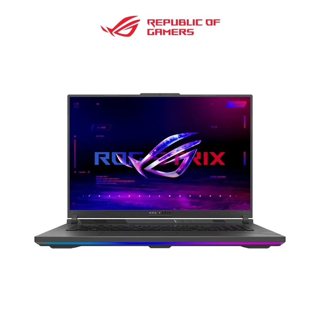 Side-angle shot of ROG Strix G18 G814J‑IRN6028WG with slim bezel display and Eclipse Gray chassis.