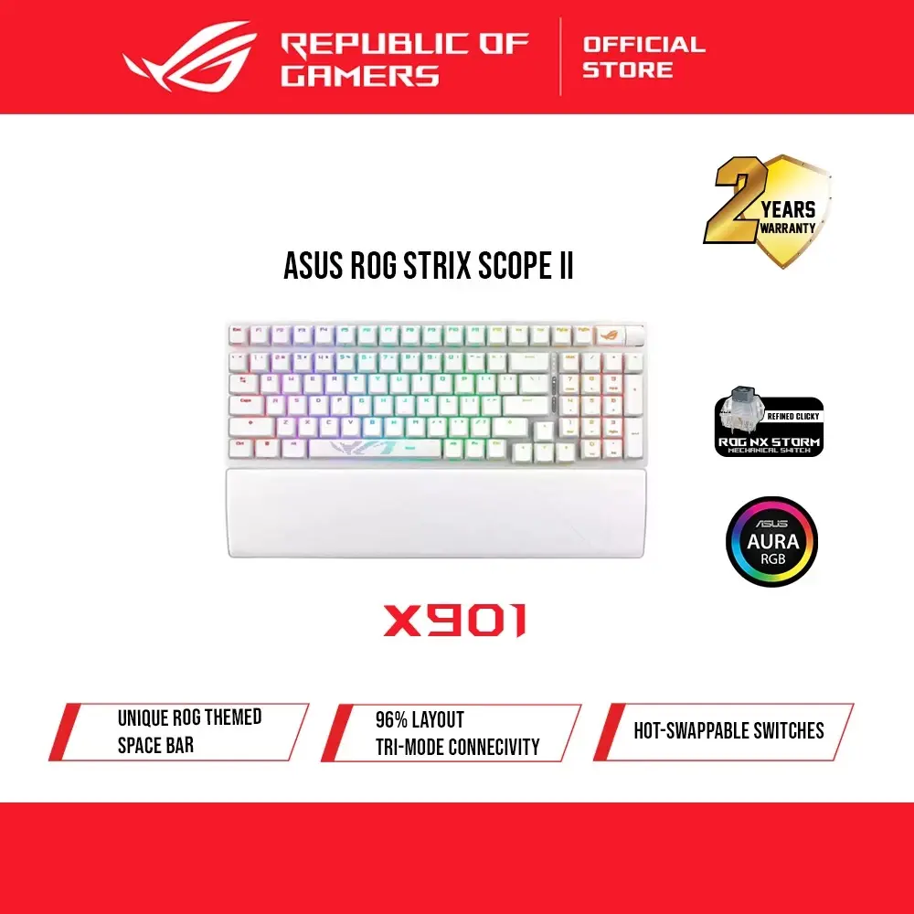 ASUS ROG Strix Scope II 96 Wireless White mechanical gaming keyboard with RGB lighting.