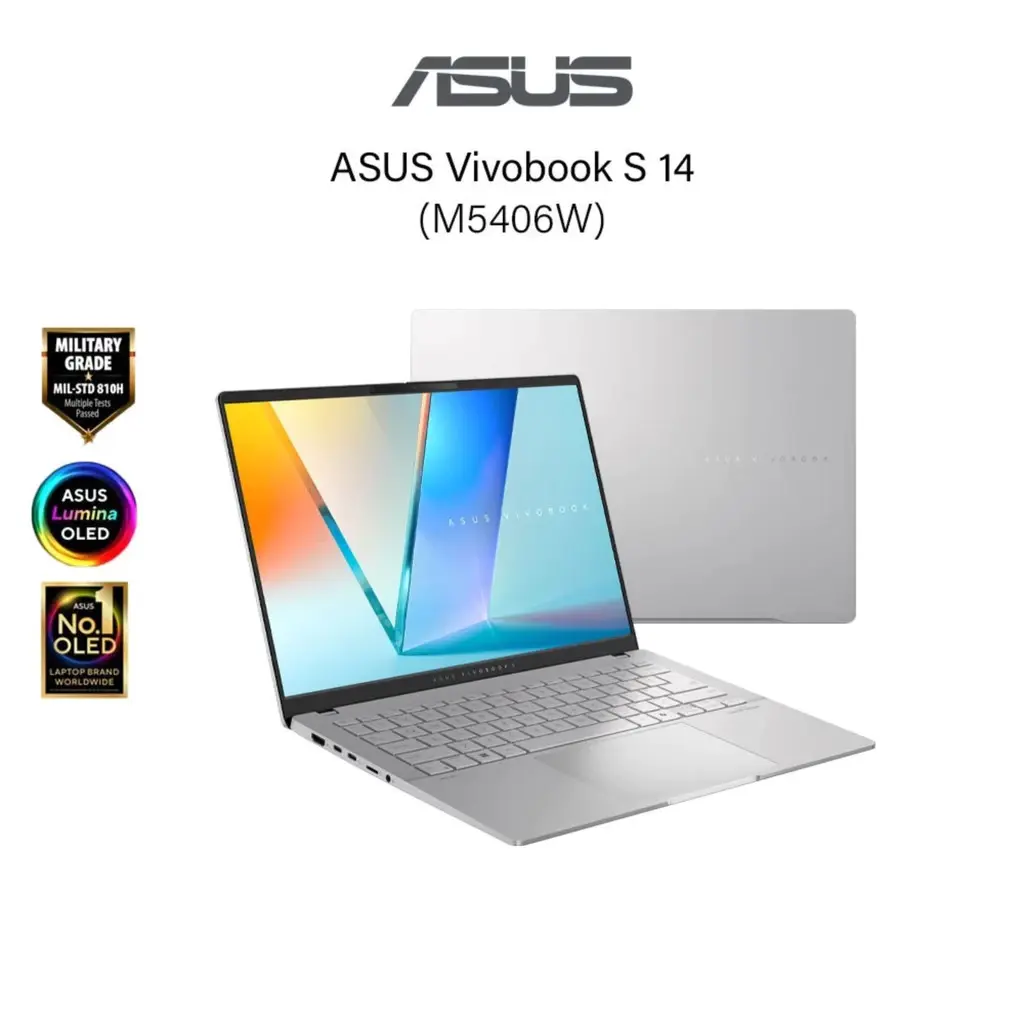 ASUS VivoBook S 14 OLED M5406W-AQD087WSM with AMD Ryzen AI 9 365 and 24 GB LPDDR5X RAM in Neutral Black.