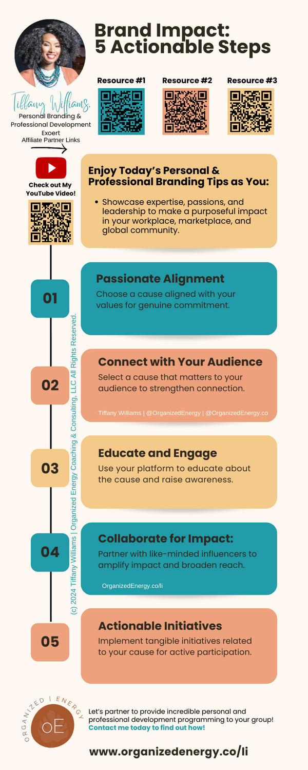 1. **Passionate Alignment:** - Choose a cause aligned with your values for genuine commitment. 2. **Connect with Your Audience:** - Select a cause that matters to your audience to strengthen connection. 3. **Educate and Engage:** - Use your platform to educate about the cause and raise awareness. 4. **Collaborate for Impact:** - Partner with like-minded influencers to amplify impact and broaden reach. 5. **Actionable Initiatives:** - Implement tangible initiatives related to your cause for active participation. This resource has been designed and created by Tiffany Williams operates a MBE (Minority Business Enterprise), WMBE (Women and Minority Business Enterprise),WOSB (WomenOwned Small Business), XBE (Minority Business Enterprise), who will soon be certified through WBENC (Women's Business Enterprise National Council) and is an Author, Event Organizer and Manager, Public Speaker, Corporate Trainer, Corporate Speaker, Learning and Development, Training and Development Consultant and Subject Matter Expert, Conference and Convention Keynote Speaker on Personal and Professional Development, Personal and Professional Branding, and works with Young Professionals, High School Students, College Students, Intrapreneurs, Entrepreneurs, Chambers of Commerce, Professional Organizations and Associations, Academic Advisors, Career Preparation Representatives and Coordinators, Employee Relations Personnel, Employee Resource Groups, Employee Affinity Groups, Networking Groups, Academic Advisors, Adult Education, Higher Education, Student Development, Student Engagement, Student Services, Student Success, Youth Development, Chamber Members, Coworking Space, Employee Development, Employee Engagement, Employee Relations, Supplier Diversity Representatives and Managers in Purchasing and Procurement, SHRM (Society for Human Resource Management), Speakers Bureau, Workforce Development Program, Career Coach, Career Development, Corporate Sponsors. Services are available remotely and in many areas, including in and surrounding: Arizona: Chandler, Mesa, Phoenix, Scottsdale, Tucson, Florida: Jacksonville, Miami, Orlando , St. Petersburg, Tampa, Georgia: Atlanta, Augusta, Columbus, Macon, Savannah, Maryland: Baltimore, Columbia, Germantown, Silver Spring, Waldorf, Michigan: Ann Arbor, Detroit, Grand RapidsSterling Heights, Warren, New Jersey: Elizabeth, Jersey City, Lakewood, Newark, Patterson, North Carolina: Charlotte, Durham, Fayetteville, Greensboro, High Point, Raleigh, Winston-Salem, Ohio: Akron, Cincinnati, Cleveland, Columbus, Dublin, Toledo, Oregon: Eugene, Gresham, Hillsboro, Portland, Salem, South Carolina: Charleston, Columbia, Mt. Pleasant, Myrtle Beach, North Charleston, Rock Hill, Tennessee: Chattanooga, Clarksville, Knoxville, Memphis, Nashville, Texas: Austin, Dallas, Ft. Worth, Houston, San Antonio, Virginia: Arlington, Chesapeake, Norfolk, Richmond, Virginia Beach, Washington: Bellevue, Seattle, Spokane, Tacoma, Vancouver, Washington DC, California, Kentucky: Hardin County (Elizabethtown, Radcliff, Vine Grove), Hoptown/Hopkinsville, Lexington, Louisville, Newport, Indiana: Clarksville, Indianapolis, Jeffersonville, New Albany, Wisconsin: Madison, Milwaukee and can be reached at https://www.organizedenergy.co/li