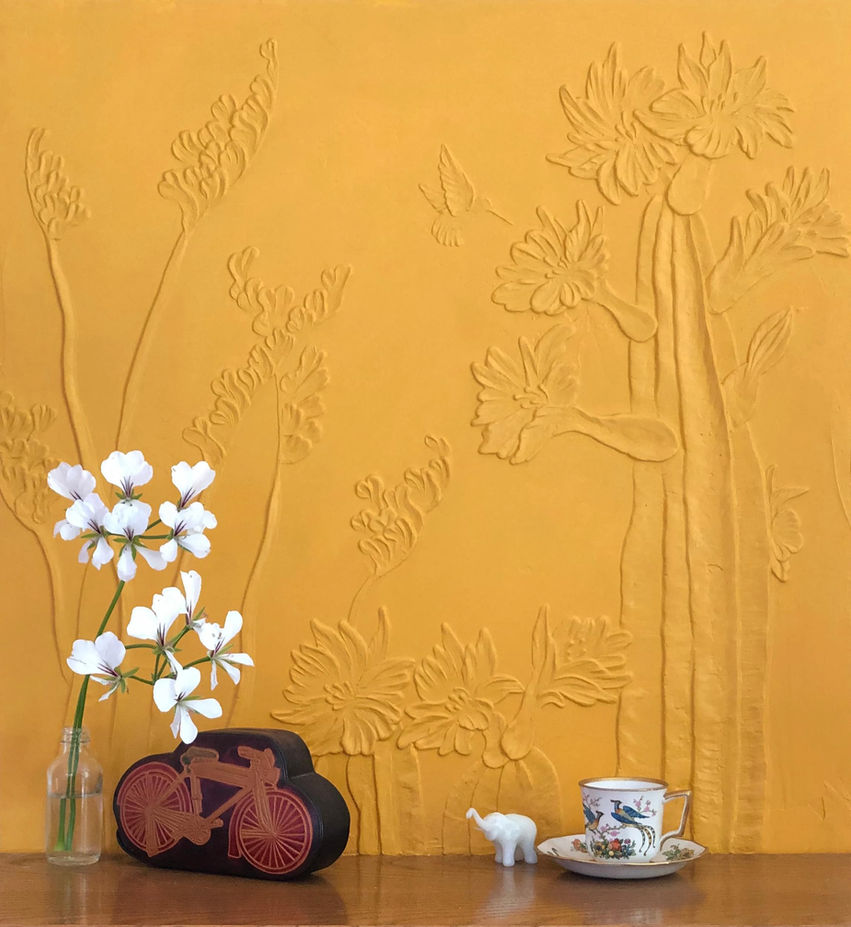 Yellow Desert Flora Sculpted Plaster Wall Design
