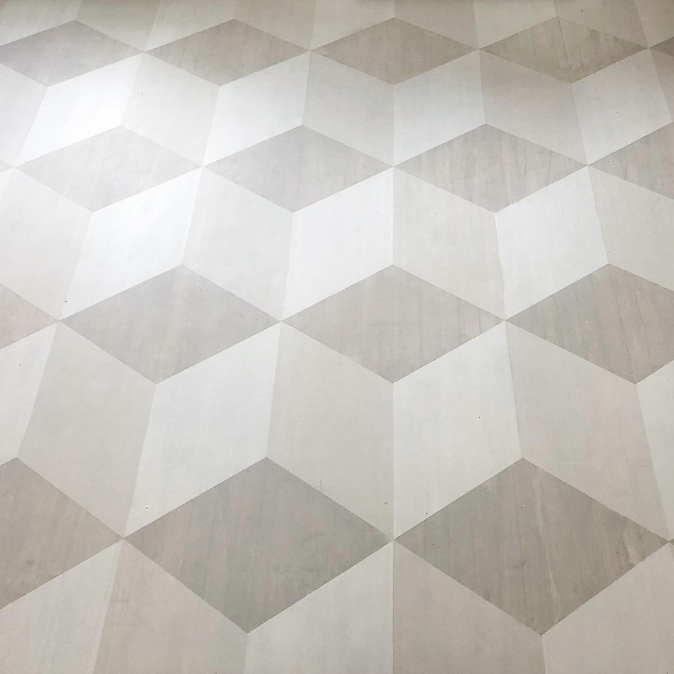 Geometric pattern of interlocking cubes in light gray and white creates an optical illusion on a tiled floor.