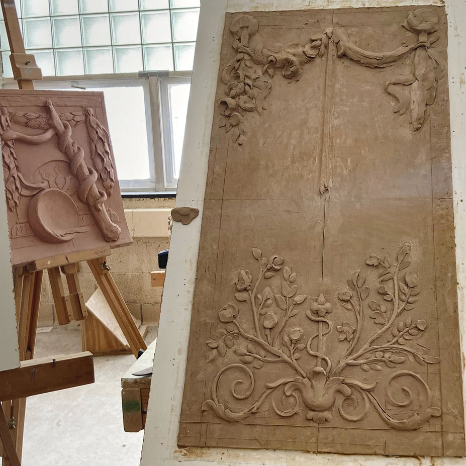 Ornate Sculpted Clay Panel in Studio