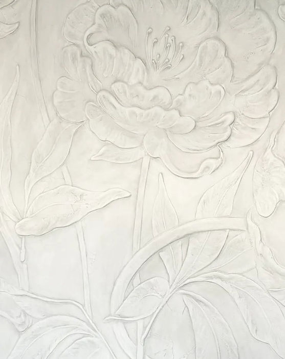 Detail of Sculpted Plaster Bas Relief Wall Creation of Peonies
