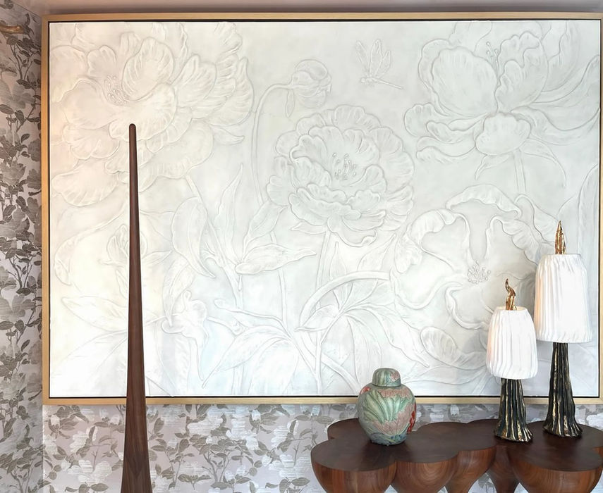 Sculpted Plaster Bas Relief Wall Creation of Peonies