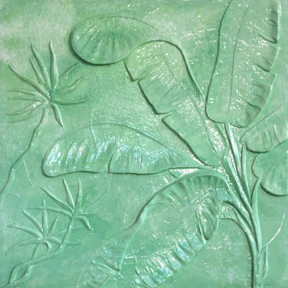Faux Polished Jade Banana Leaf Sculpted Plaster Wall Design