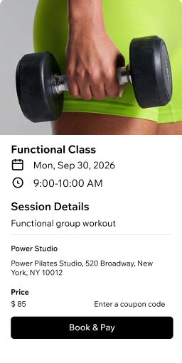 Booking page for a functional group workout class showing session details, pricing at $85, and a Book & Pay button, with a person holding a dumbbell.
