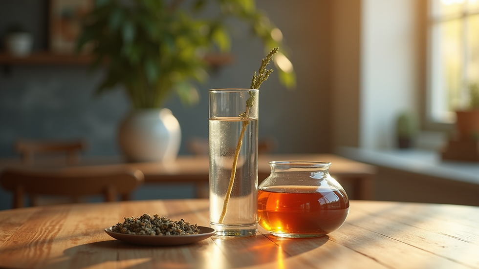 Eye-level view of a glass of water and herbal tea on a wooden table
