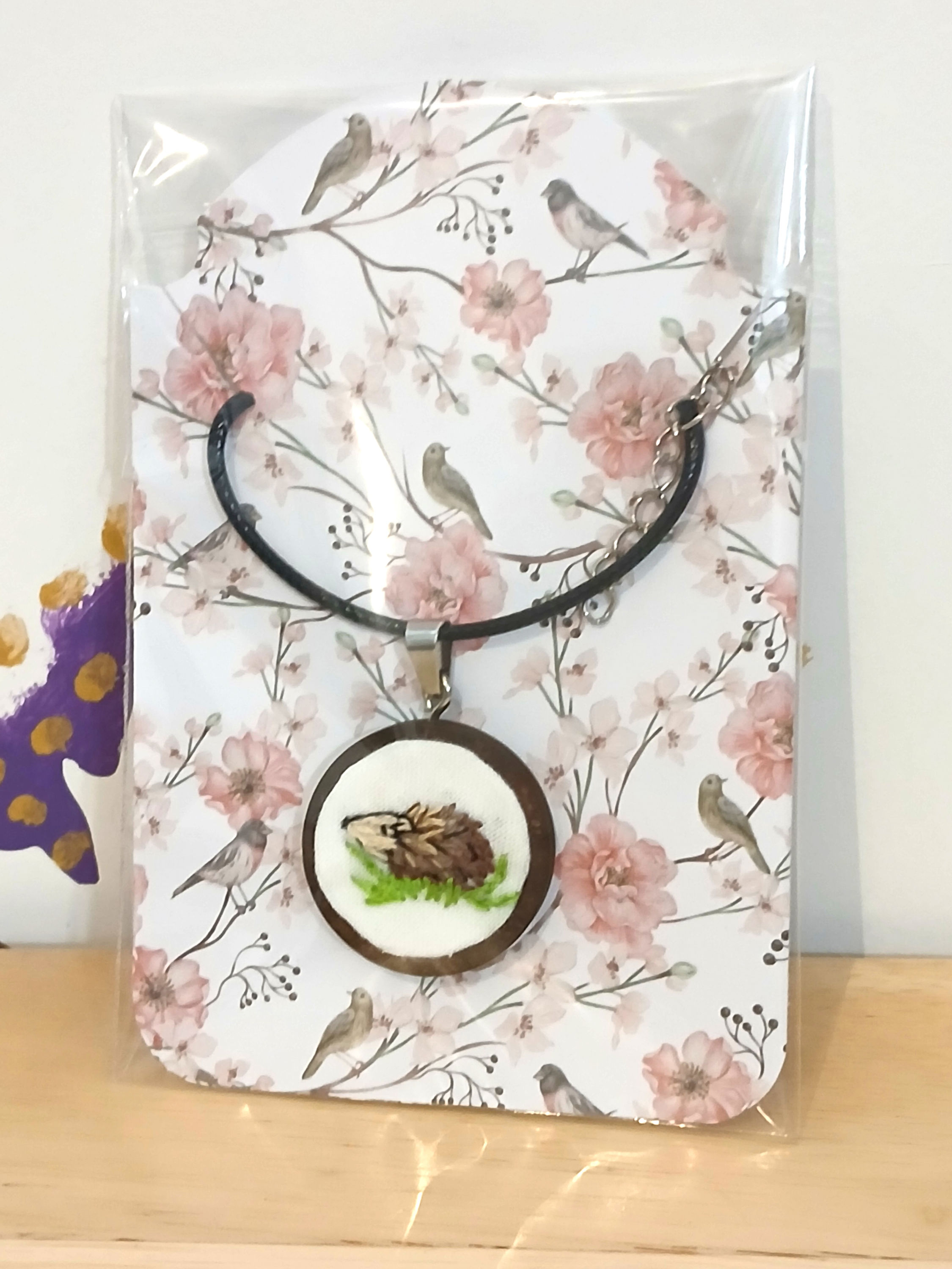 Hand Embroidered Necklace Hedgehog New Original Artwork Code 7038