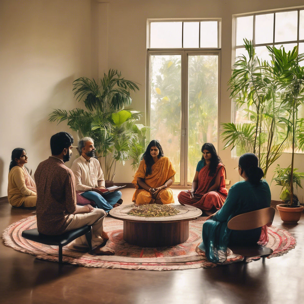 a north Indian group therapy session in action, sitting on a round table in a calm peacefu