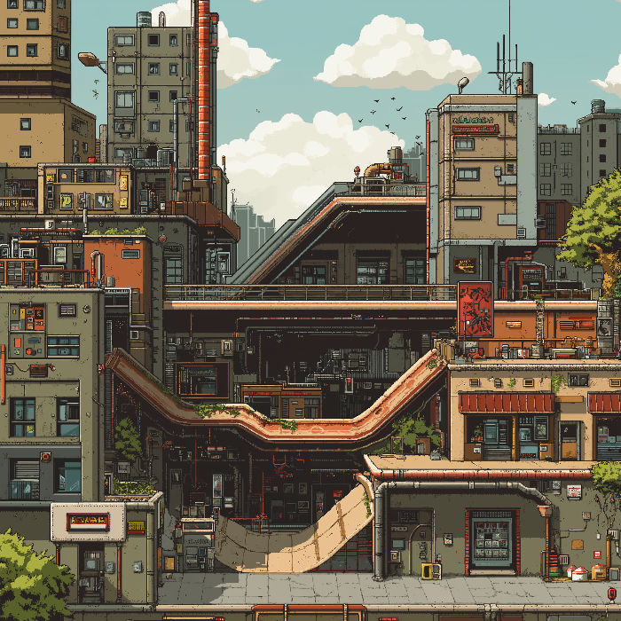 2d platformer of a skate game in the style of metroid platformer, the level should be a city with many different vertical floors broken up by skate ramps, shops, half pipes, rails, stairs; skate obstacles. The scale should be extremely large and zoomed out to show a large amount of the varied level design