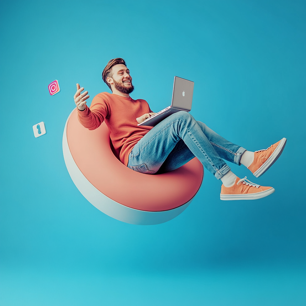 Man floating on instagram logo holding his laptop