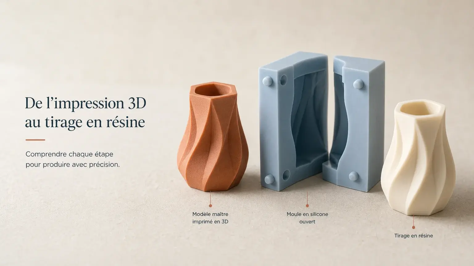 Modèle imprimé en 3D, moule en silicone et tirage en résine