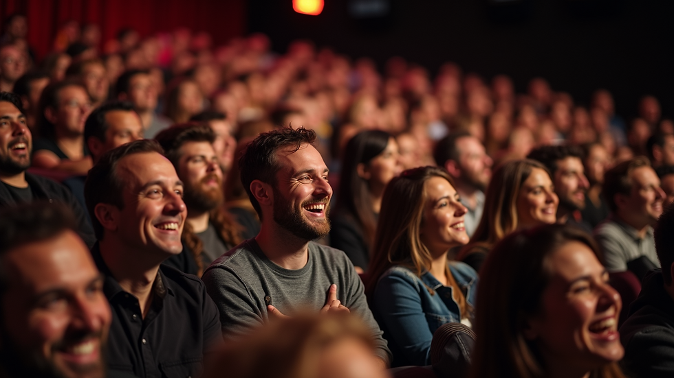 Eye-level view of a packed comedy club audience laughing