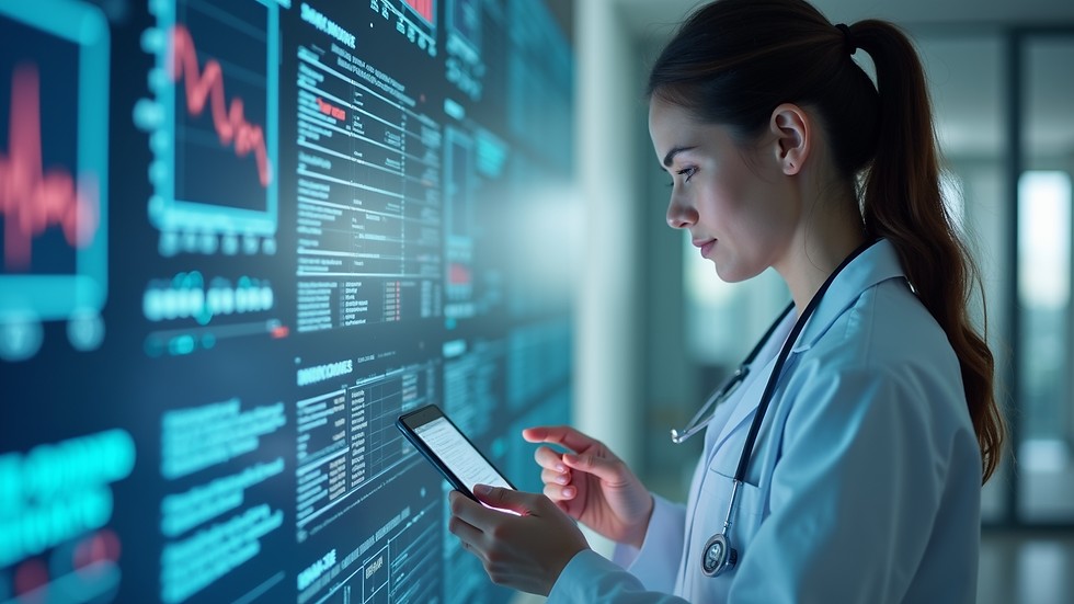 Wide angle view of a healthcare professional reviewing electronic health records