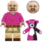 Walter White minifigure in pink sweater with alternate head and teddy bear accessory