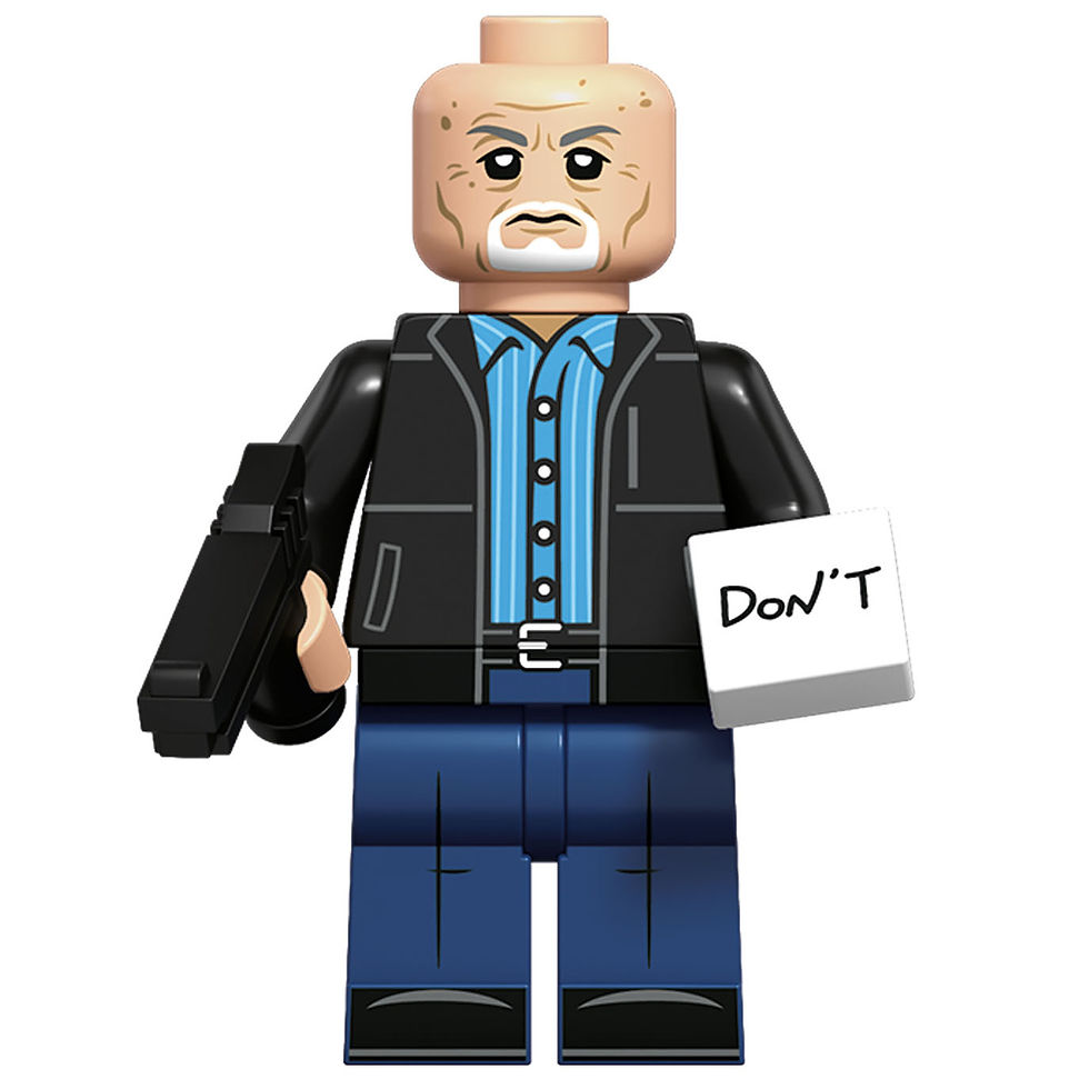 Mike Ehrmantraut minifigure in black jacket with stern expression