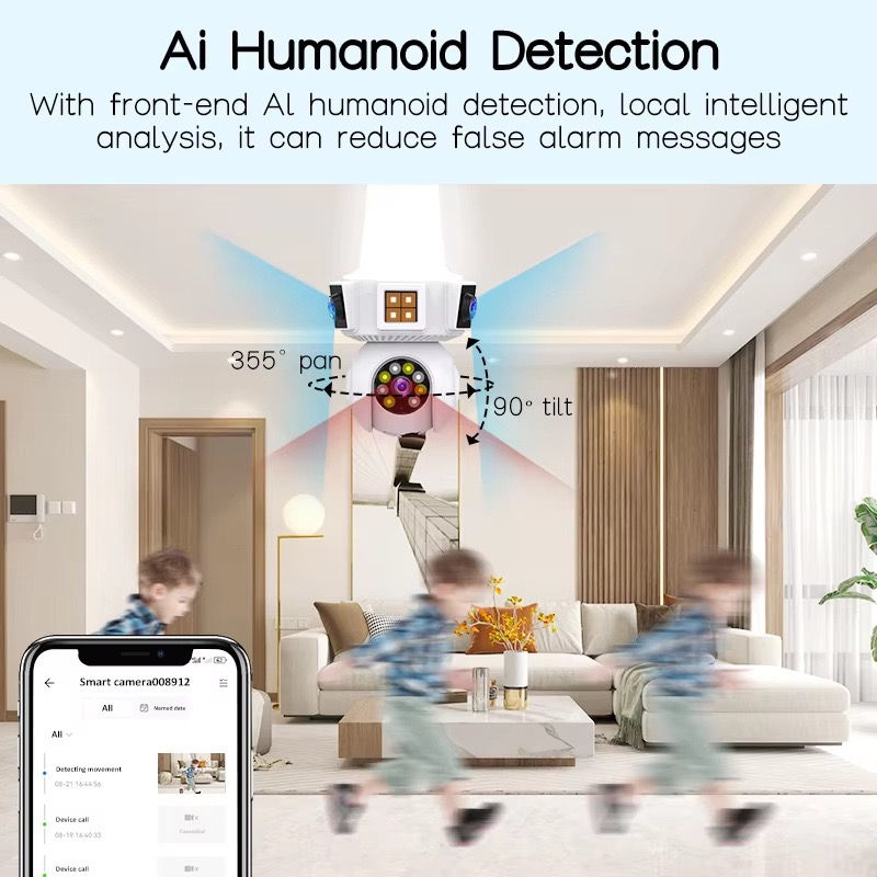 Miniatura: 6MP V380pro APP Triple Lens Full Color E27 Wireless PTZ IP Dome Camera AI Humano