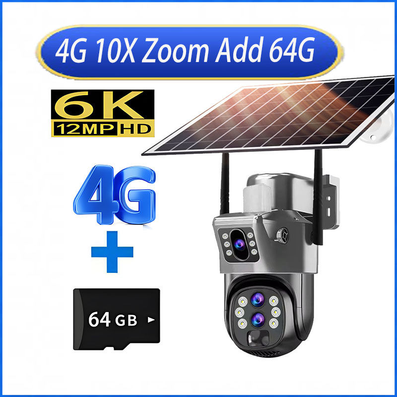 Thumbnail: 10X Zoom 4G Outdoor Solar Camera Three Lens 12MP HD Color Night Vision 360 ° PT