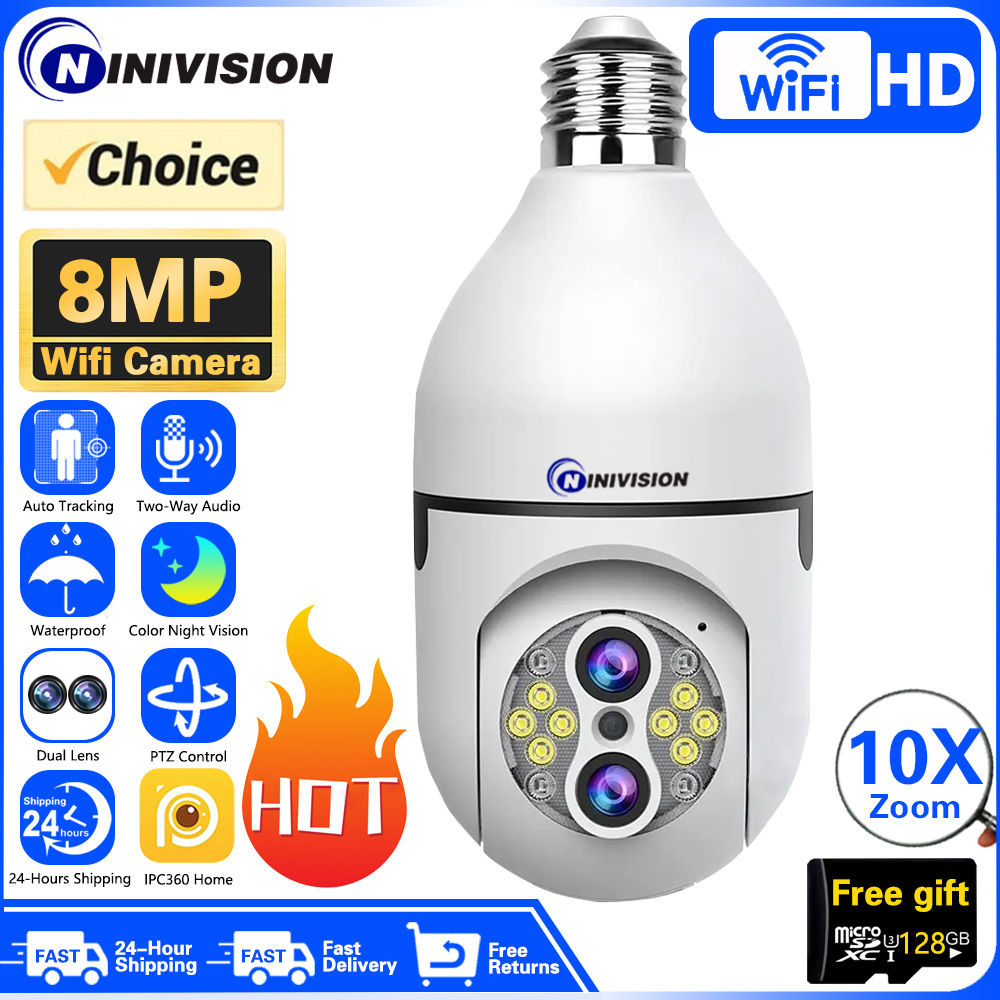 10X PTZ Zoom 4K 8MP Wifi E27 Bulb Security Baby Monitor Wireless Automatic Human
