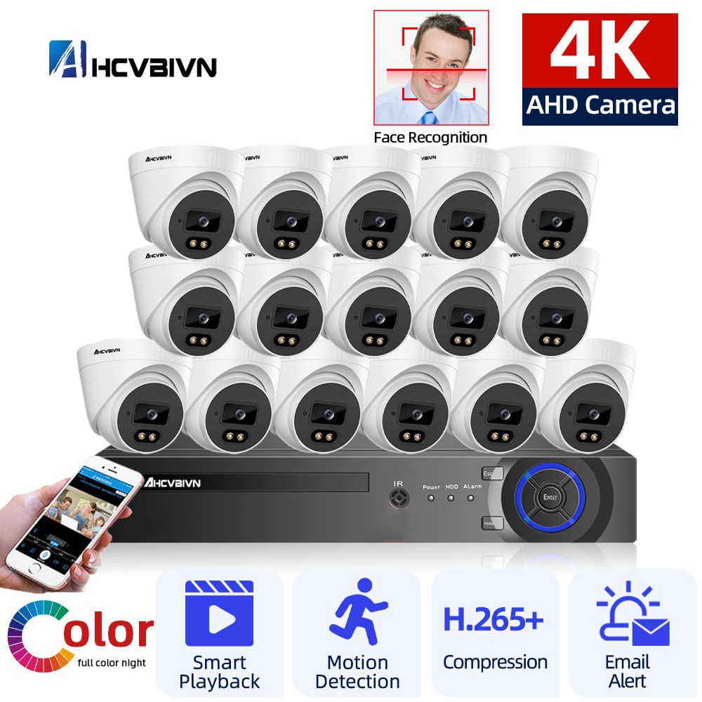 4K 8MP 16CH 6 in1 CCTV DVR Motion Detection Full Color Night Vision Dome Camera 