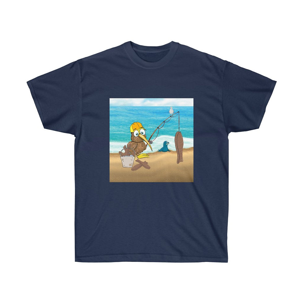 Thumbnail: Ken the Kiwi Chocolate fishing at the beach Unisex Ultra Cotton Tee