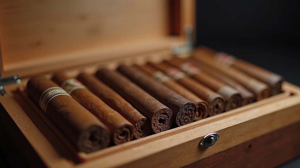 Close-up view of a selection of premium cigars in a wooden humidor