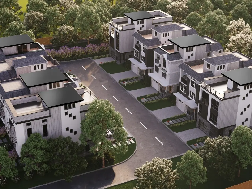 Aerial view of a modern residential property showcasing the home’s layout, rooftop, landscaping, and surrounding neighborhood near the Jersey Shore