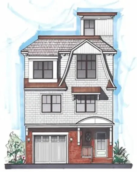 Architectural rendering of a modern home exterior showcasing clean lines, large windows, and coastal-inspired design with landscaping