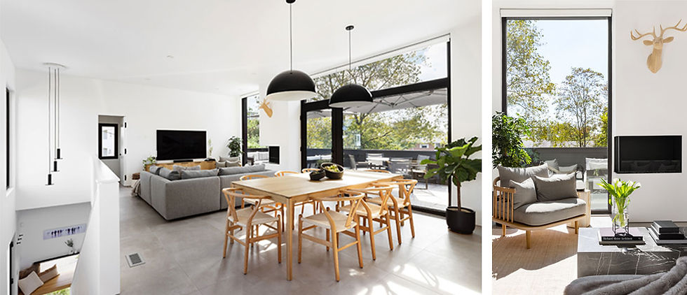 LEFT | The living area maintains a simple palette of light oak, gray and black. “Rich textures and materials keep the space feeling elegant but comfy and relaxed at the same time,” Hom says. RIGHT | A bioethanol fireplace works with Passive House requirements. “With a real fire, it has the look and feel of a regular fireplace,” Hom says. The wooden deer head — a nod to the deer that roam Long Branch and the surrounding area — “adds a touch of whimsy.”