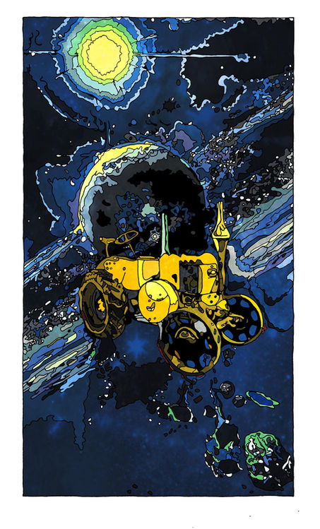 Tractor in Space No. 6 – Digital Graphic Art featuring a vintage tractor floating through a cosmic landscape.
