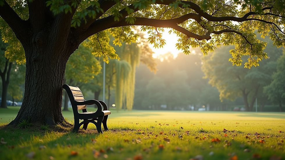 Eye-level view of a serene outdoor setting with a bench under a tree