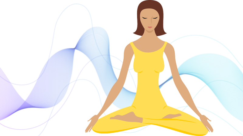 Animation of a woman seated in meditative yoga posture with a frequency wave in the background.