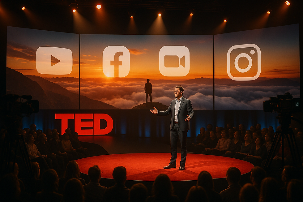 הרצאת TED בכנס משודרת בשידור חי לפלטפורמות YouTube, Facebook, Zoom ואינסטגרם, מנחה עומד על במה מול קהל.