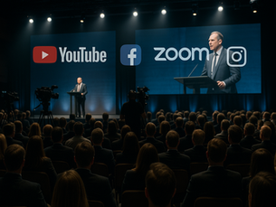 מרצה על במה בכנס עם מסכי לד ולוגות YouTube, Zoom ופייסבוק, מציגה לקדם לשידור כנסים.