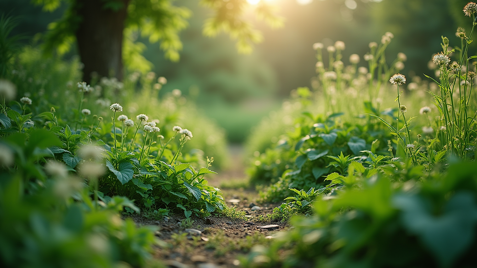 Eye-level view of a lush green garden with diverse plants