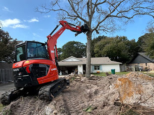 Excavator performing tree removal and land clearing services in Fort Walton Beach, FL for residential property preparation and site grading.