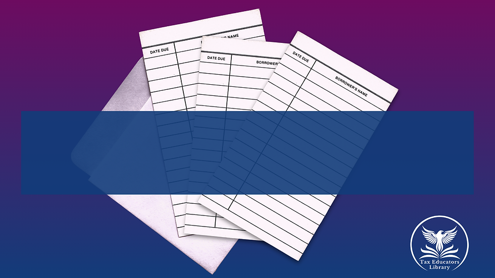 A purple to blue gradient background displays a fanned selection of library book checkout cards. A display banner says "Library Help Desk. Real Answers. No Fine Print. No Crystal Ball Required." The Tax Educators Library of a crow rising out of an open book is displayed in the corner.