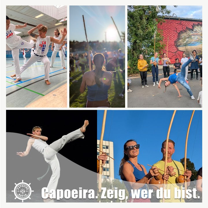 Galerie mit verschiedenen Capoeira-Bildern, Trainingssituationen, Rodas, Musik und Bewegungen