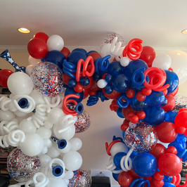 Red, white, and blue balloon arch, festive decoration, Arches & Banners, party backdrop.