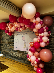pink and white organic balloon garland with multi-size balloons for girl baby shower at St. Mary’s Church Lower East Side Manhattan NY