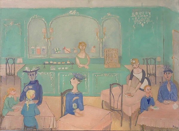 Poucette Fauconier Noa Salon de thé Bruxellois Peinture à l'huile 1950 Artiste Peintre Belge