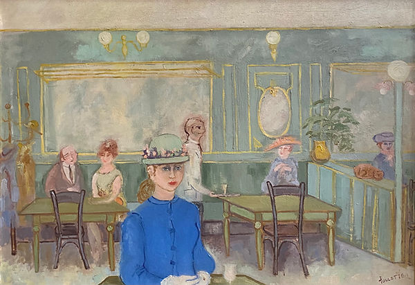 Poucette Fauconier La jeune fille en bleu Café Bruxellois 1950 Artiste Peintre belge 1924 - 2004.jpeg