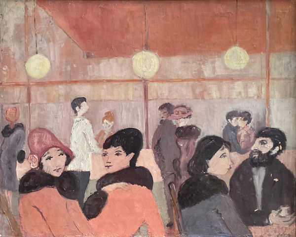 Café bruxellois années 40 Peinture à l'huile Poucette Fauconier Noa Artiste peintre femme belge 1924 - 2004