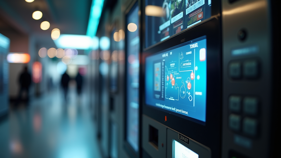 Eye-level view of a modern vending machine with touchscreen interface